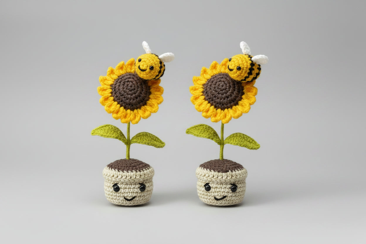 Handmade crochet sunflower pot with mini crochet bee — unique desk decor by The Crochet Nest