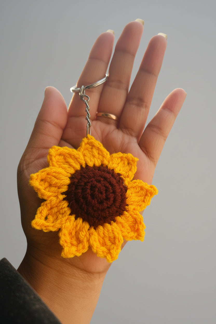 Handmade crochet sunflower keychain with metal keyring — cute flower bag charm by The Crochet Nest