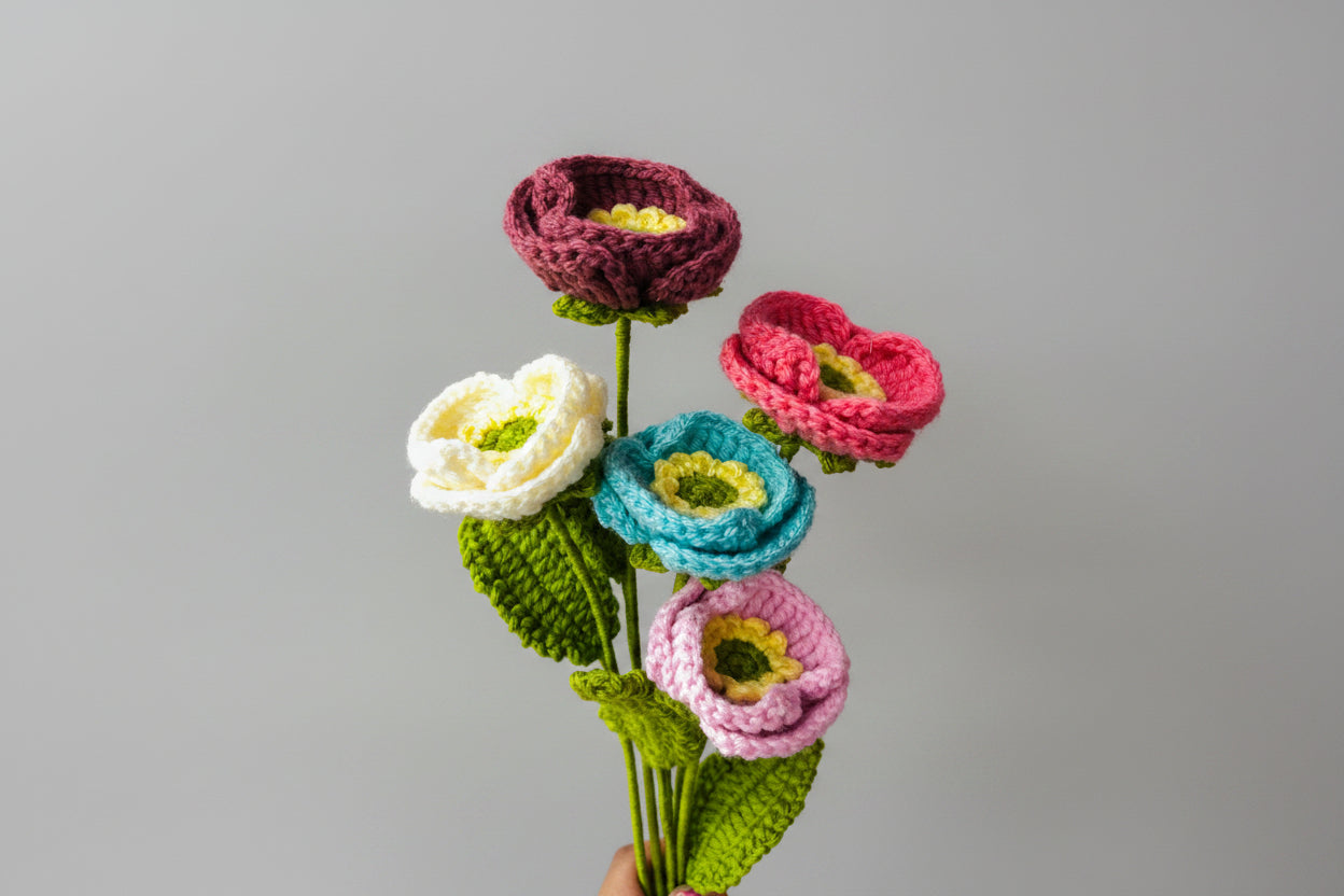 Handmade crochet poppy flower bunch of 5 in red and orange for home decor by The Crochet Nest