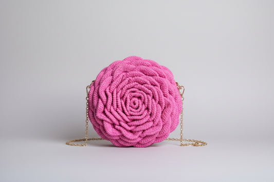 Handmade crochet rose bag in pink with 3D floral design and detachable strap by The Crochet Nest