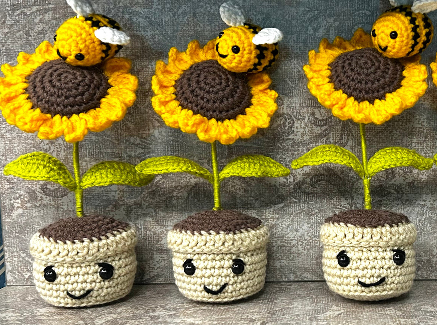 Handmade crochet sunflower pot with mini crochet bee — unique desk decor by The Crochet Nest

