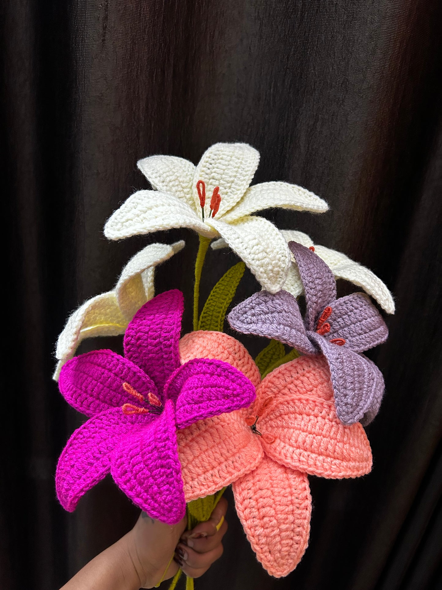 Handmade crochet lily flower with wire stem — elegant artificial flower by The Crochet Nest

