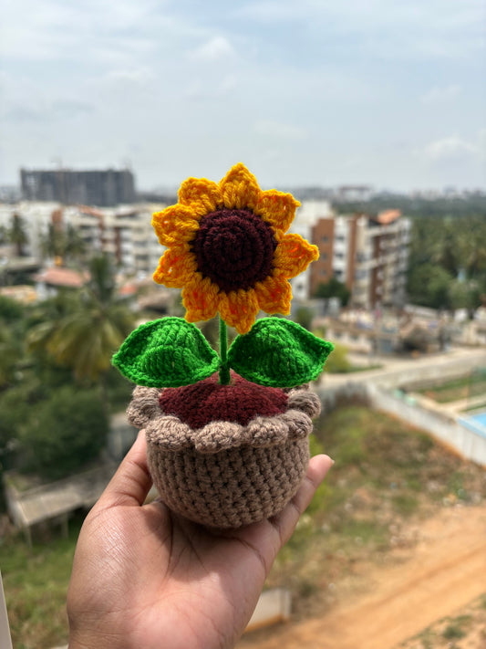 Handmade crochet sunflower in a crocheted pot — mini desk plant decor by The Crochet Nest

