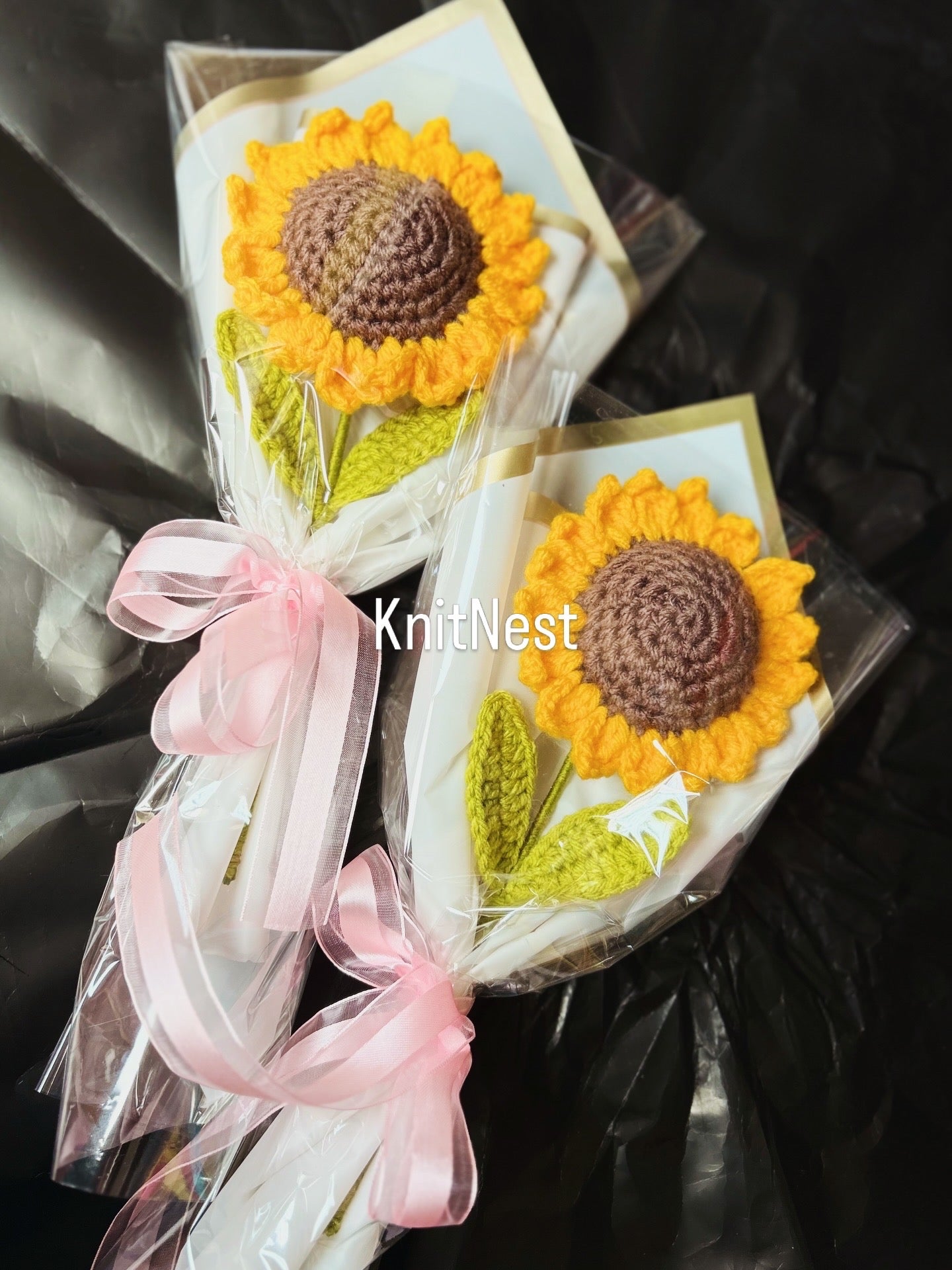 Handmade crochet sunflower bouquet wrapped with ribbon — everlasting yarn flower bouquet by The Crochet Nest
