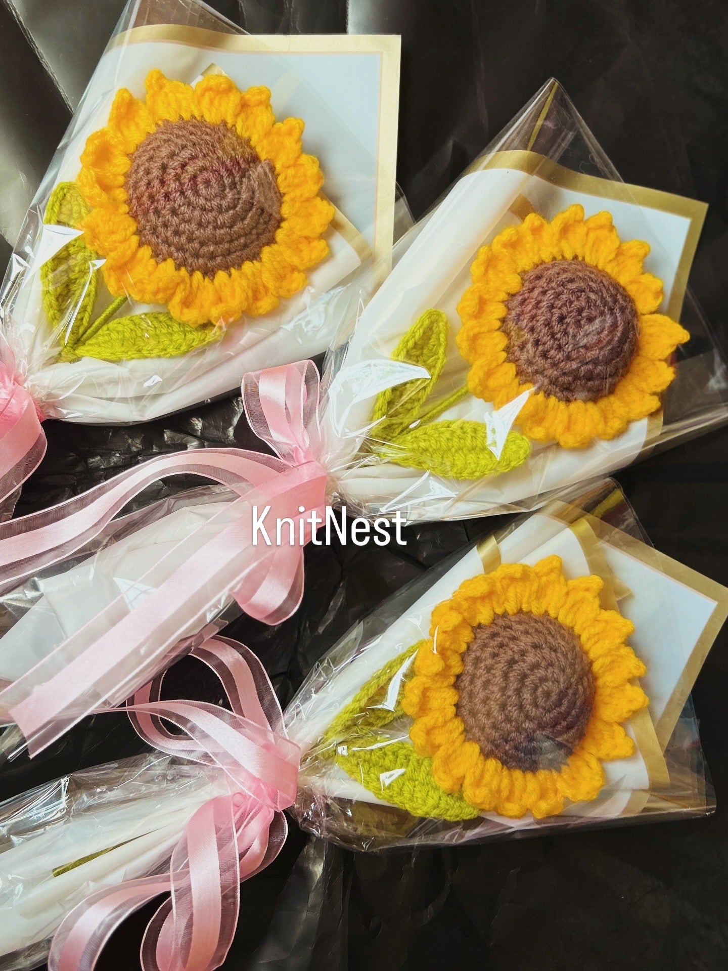 Handmade crochet sunflower bouquet wrapped with ribbon — everlasting yarn flower bouquet by The Crochet Nest
