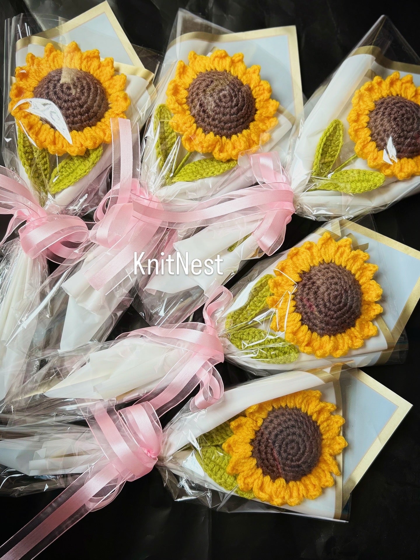 Handmade crochet sunflower bouquet wrapped with ribbon — everlasting yarn flower bouquet by The Crochet Nest
