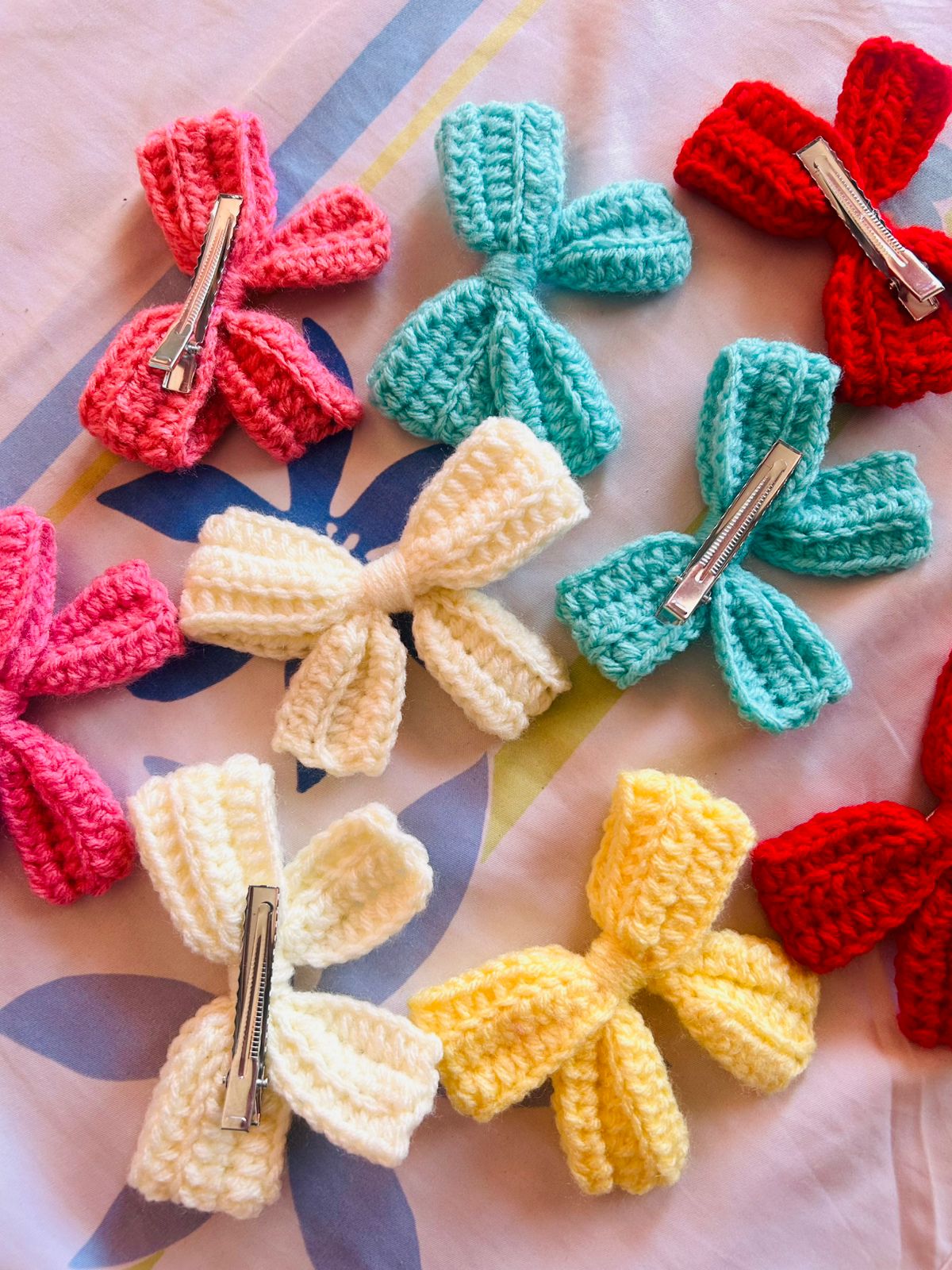 Handmade crochet bow hair clips set of 5 in assorted colours by The Crochet Nest