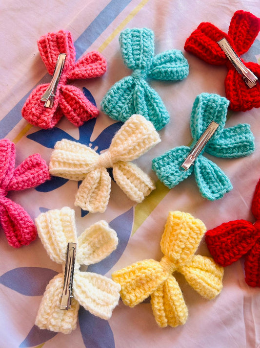 Handmade crochet bow hair clips set of 5 in assorted colours by The Crochet Nest