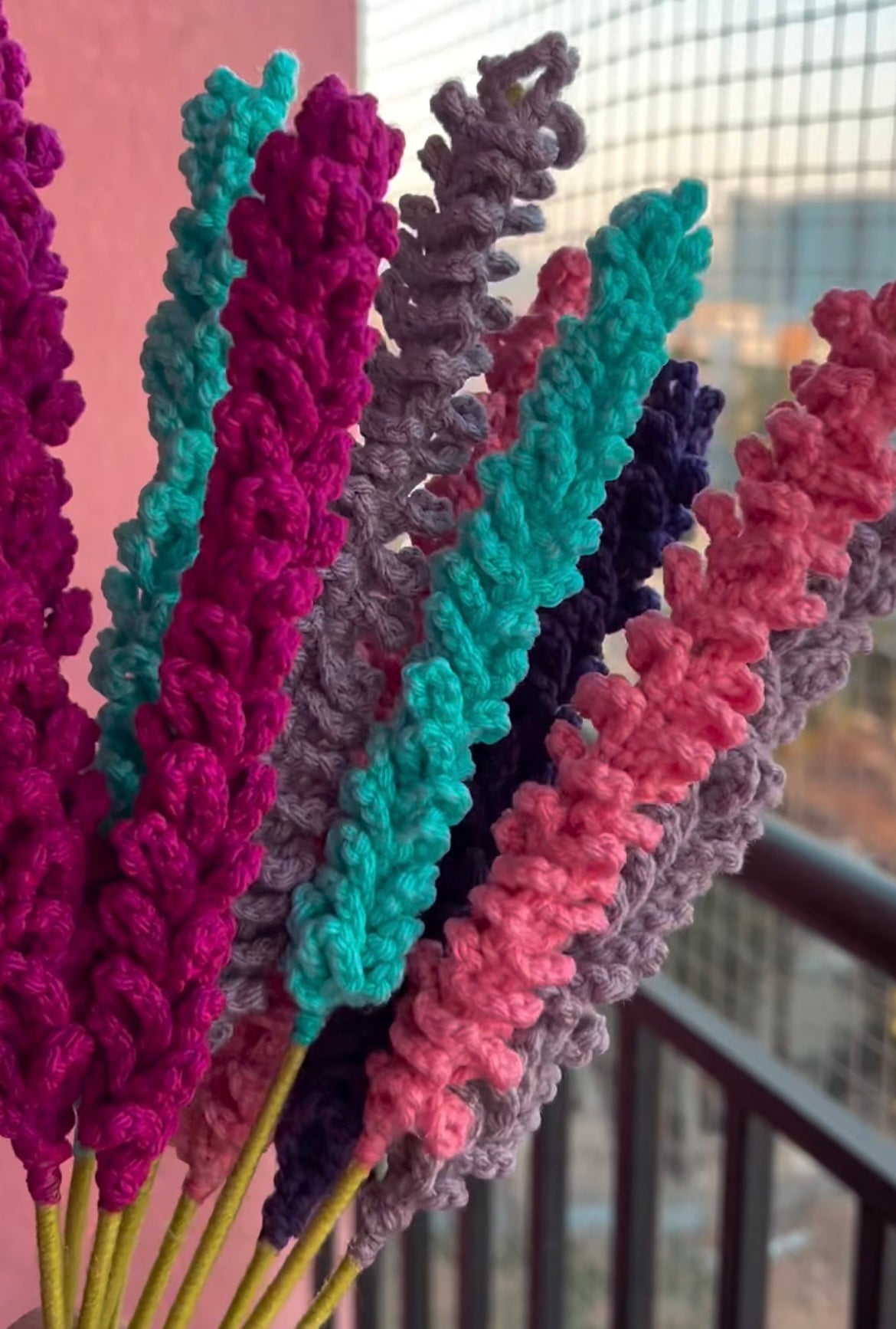 Handmade crochet lavender flower bunch of 5 stems in mixed colours for home decor by The Crochet Nest
