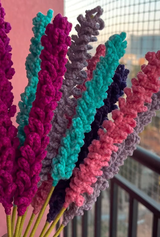 Handmade crochet lavender flower bunch of 5 stems in mixed colours for home decor by The Crochet Nest
