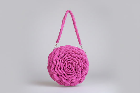 Handmade crochet rose bag in pink with 3D floral design and detachable strap by The Crochet Nest