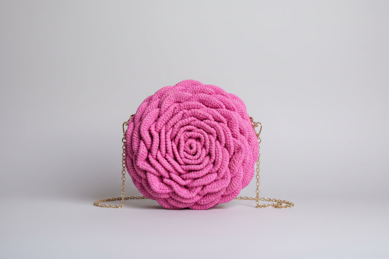 Handmade crochet rose bag in pink with 3D floral design and detachable strap by The Crochet Nest