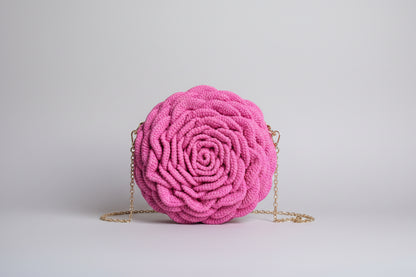 Handmade crochet rose bag in pink with 3D floral design and detachable strap by The Crochet Nest